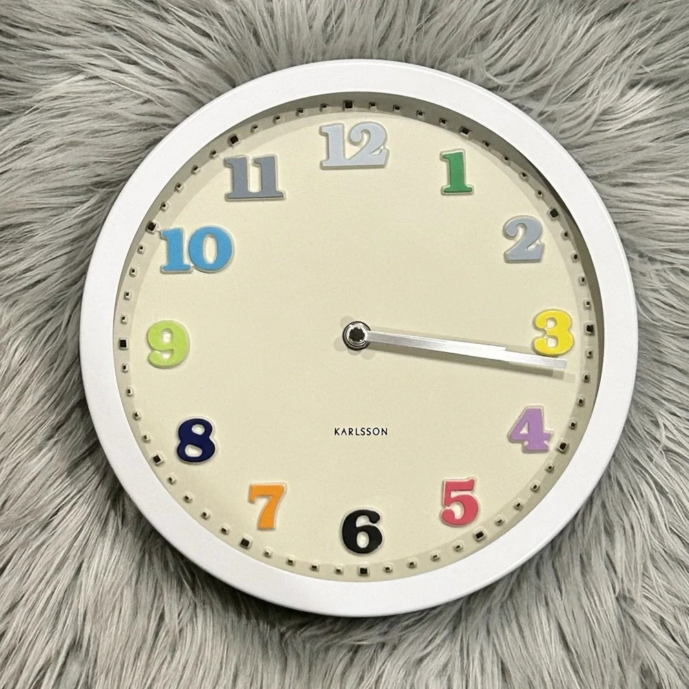 Vintage Karlsson Rainbow Colored Numbers Wall Clock Cream Face WhiteMetal Casing